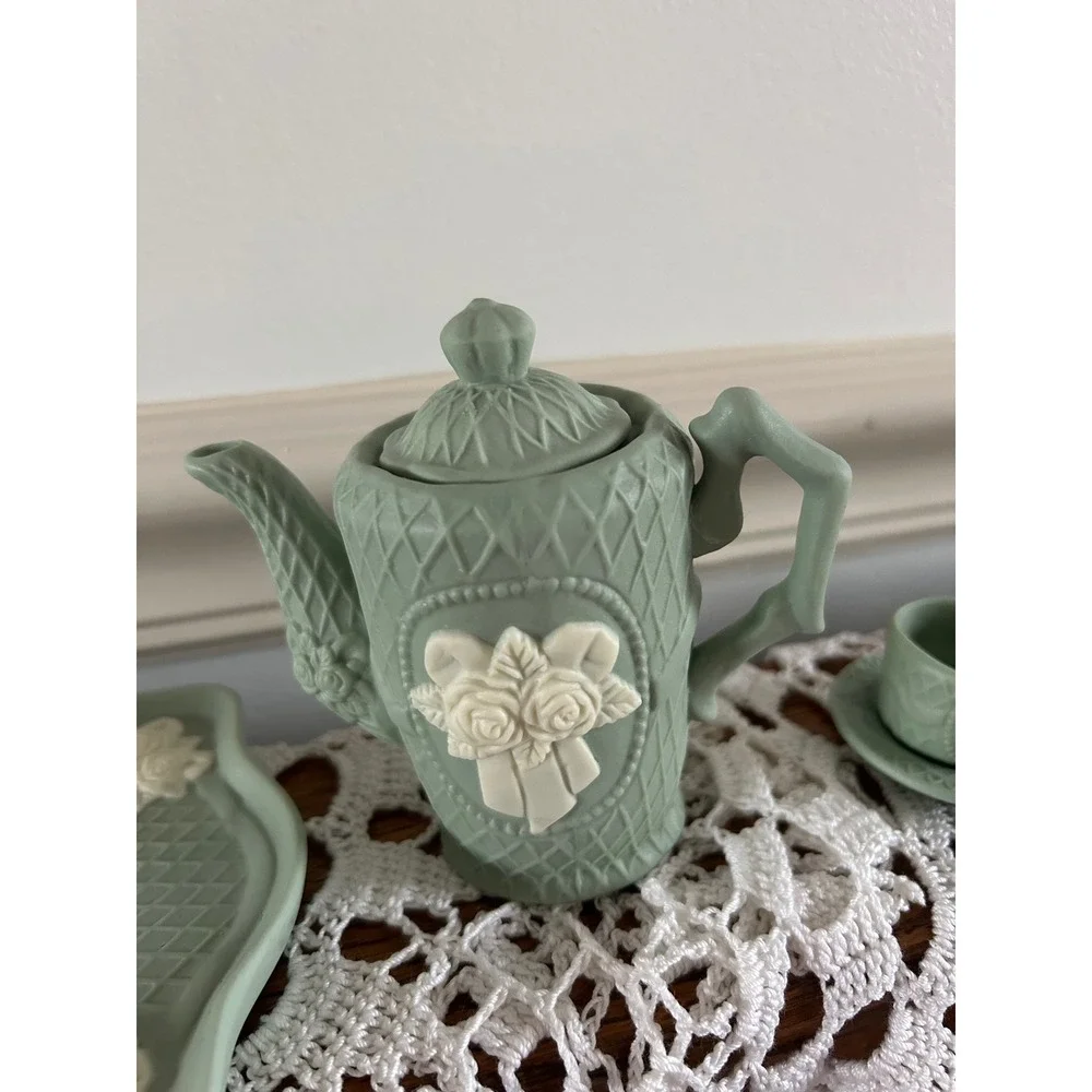 Miniature Sage Green Jasperware Style Tea Set Floral Bas-Relief 9pc Collection